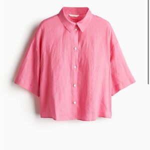 H&M 100% linen pink button down top size medium